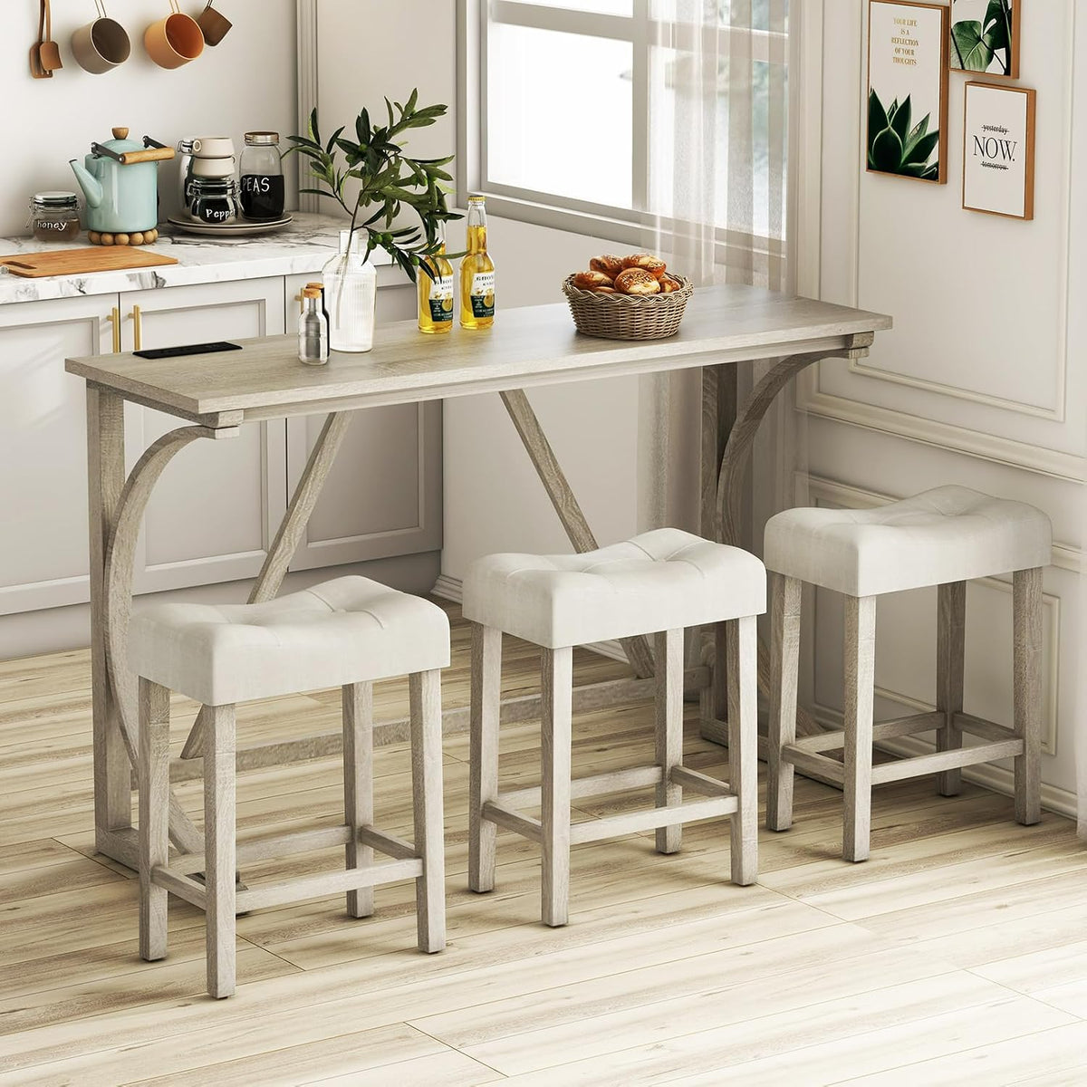 GIANTEX Small Dining Table Set - 4-Piece Bar Table and Chairs Set with Power Outlet, Upholstered Saddle Seat Stools, Counter Height Dining Table Set, Breakfast Nook for 3 People, Kitchen Table Set
