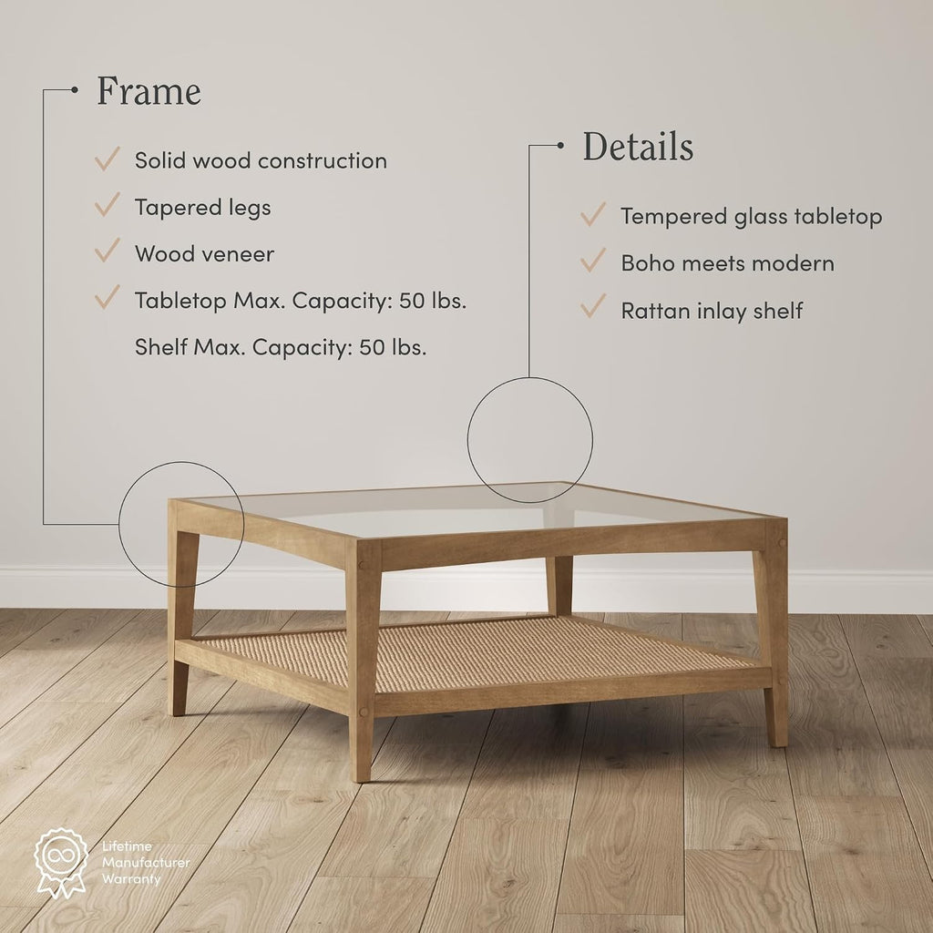 Nathan James Hayes Glass Top Coffee Table, Solid Wood Coffee Table with Glass Top and Rattan Bottom Shelf, Light Brown