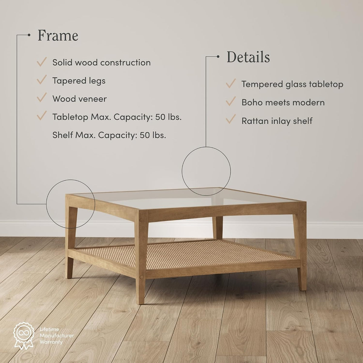 Nathan James Hayes Glass Top Coffee Table, Solid Wood Coffee Table with Glass Top and Rattan Bottom Shelf, Light Brown