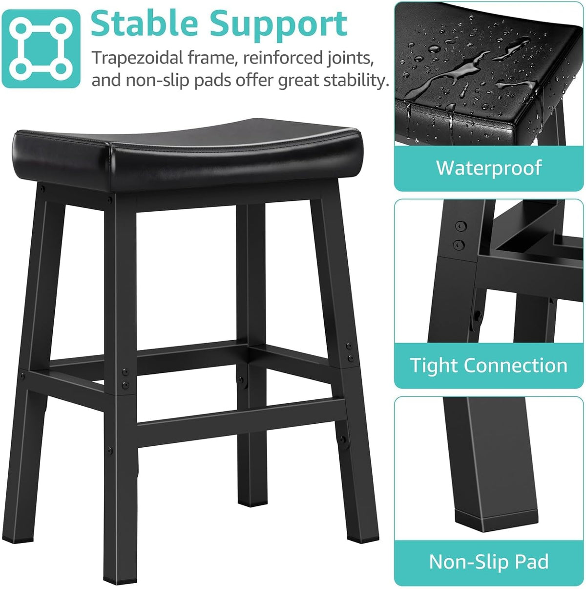 WINAZ Modern Backless Bar Stools Set of 2, 24 Inch Counter Height Stools with Footrest, Matte Finish Metal Legs, Padded Faux Leather Kitchen Island Chairs, Space Saving Stationary Design, Black