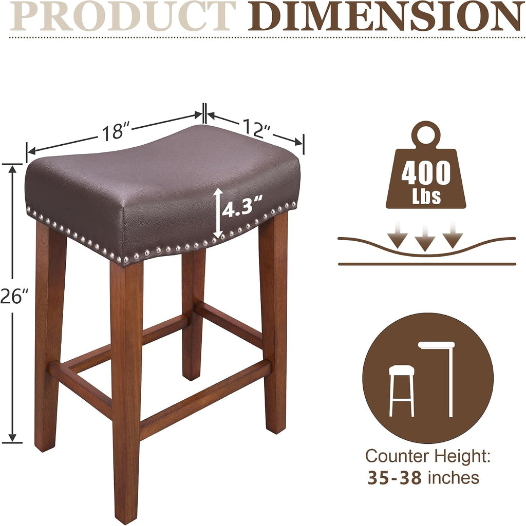 PrimeZone 26 Inch Solid Wood Saddle Backless Bar Stools Set of 2, Brown