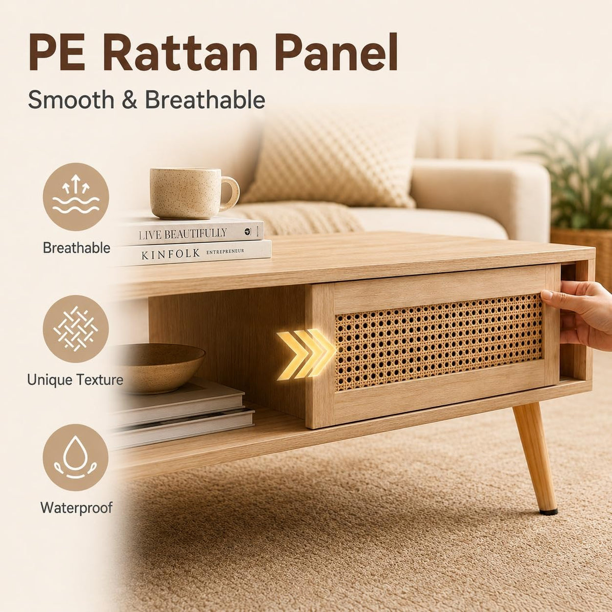 Rattan Coffee Table with Sliding Storage Door, 41.34'' Rectangular Wood Center Table with Solid Wood Legs, Modern Boho Living Room Coffee Table for Apartment, Light Wood