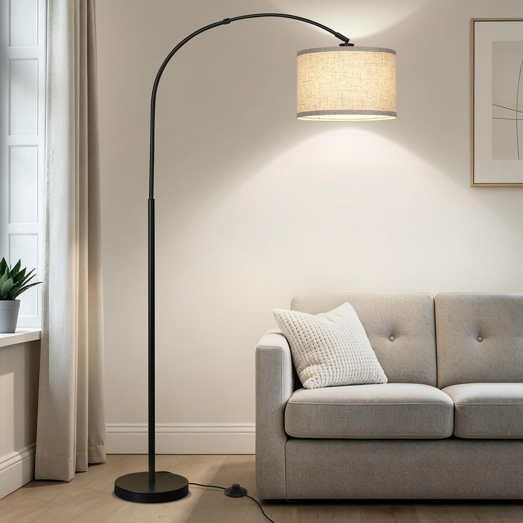 Seaside village Arc Floor Lamps for Living Room, Modern Standing Lamp with Adjustable Hanging Drum Shade, Tall Pole Lamp with Foot Switch, Over Couch Arched Reading Light for Bedroom, Office (Black)