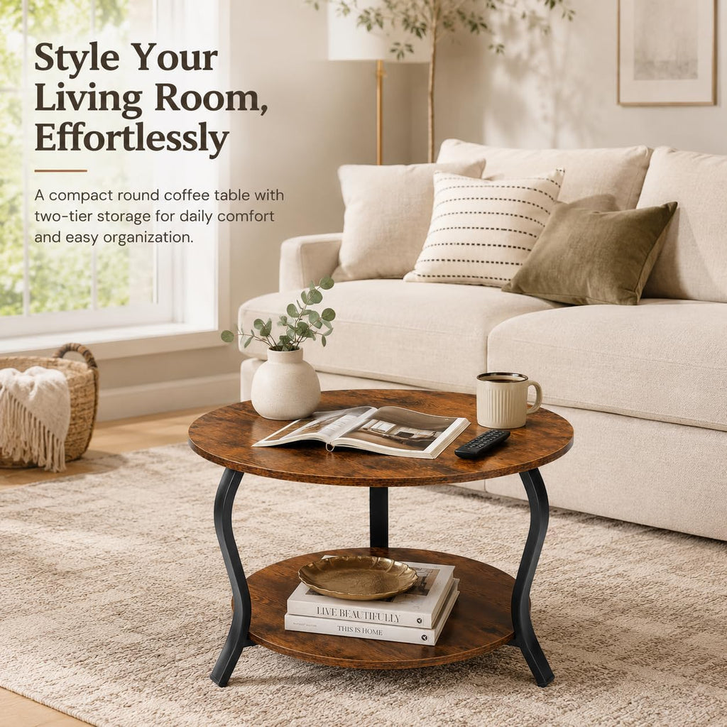 YEAKOO Small Round Coffee Table with Open Storage,23" 2-Tier Coffee Side Tables for Small Space, Accent Center Table Circle Sofa End Table with Wooden Table Top for Living Room Bedroom (Rustic Brown)