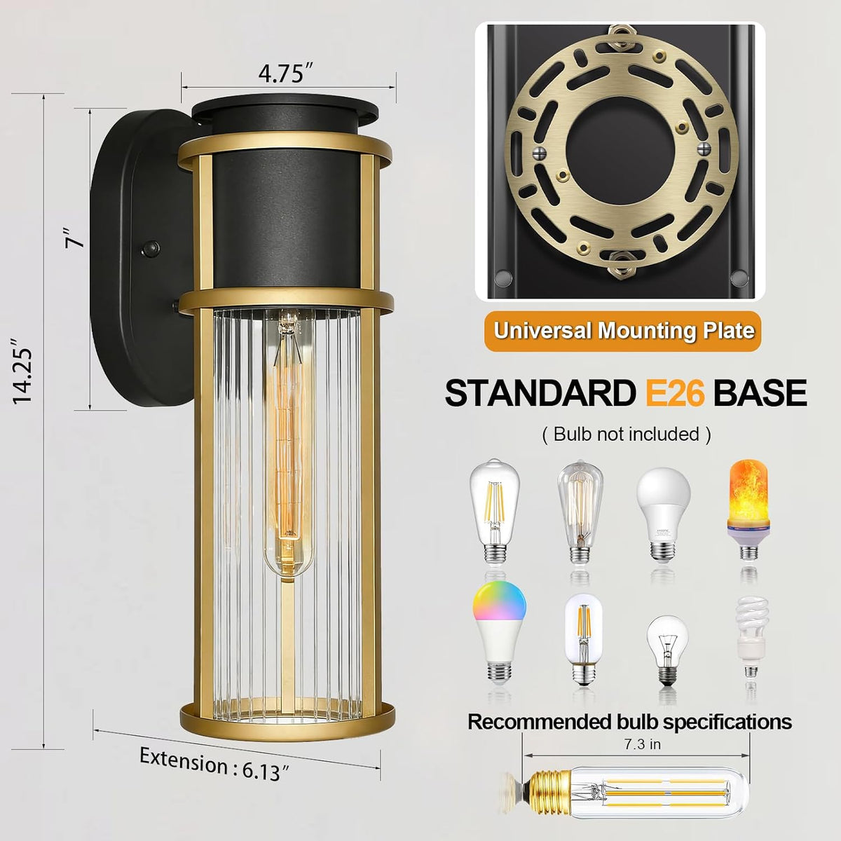 ALVIME 2 Pack Modern Gold & Black Outdoor Wall Sconces, 15 Inch Waterproof Exterior Wall Lanterns with Clear Ribbed Glass, Wall Mount Porch Lights for Front Door Garage Patio