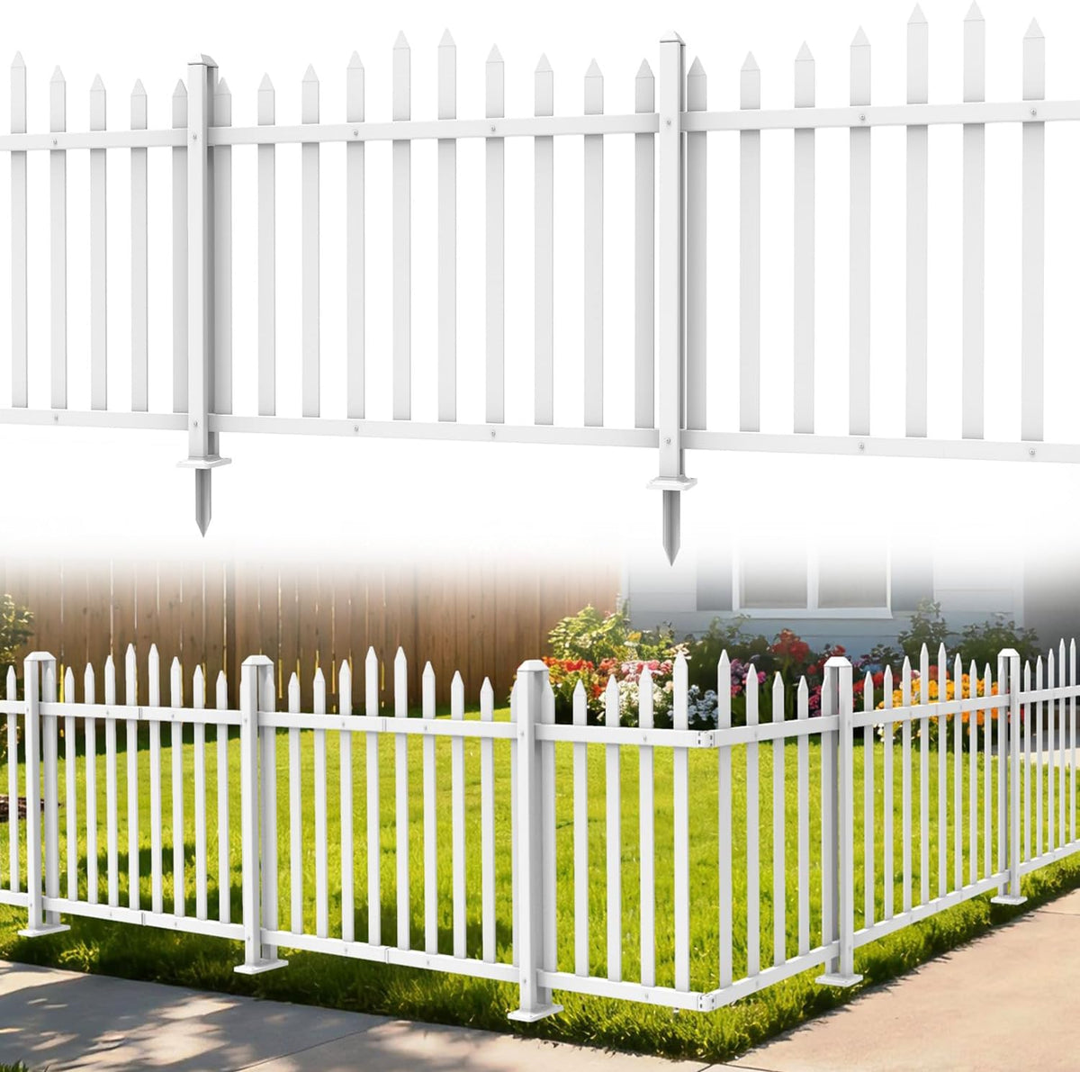 1 Set Vinyl Picket Fence Panels White 84''Wx36''H PVC Decorative Fencing Barrier for Outdoor Porch Patio Backyard Garden Pool with 20 Pickets Curved