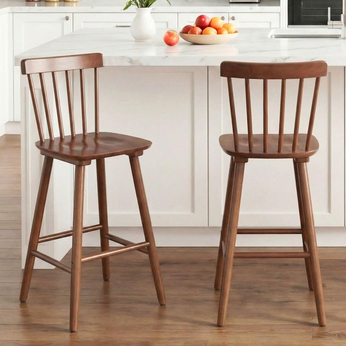 Windsor Bar Stools Set of 2, 26 Inch Counter Height Barstools Wooden Barstools with Spindle Back/Bigger Seat for Kitchen Island/Breakfast Bar/Home Pub, Walnut