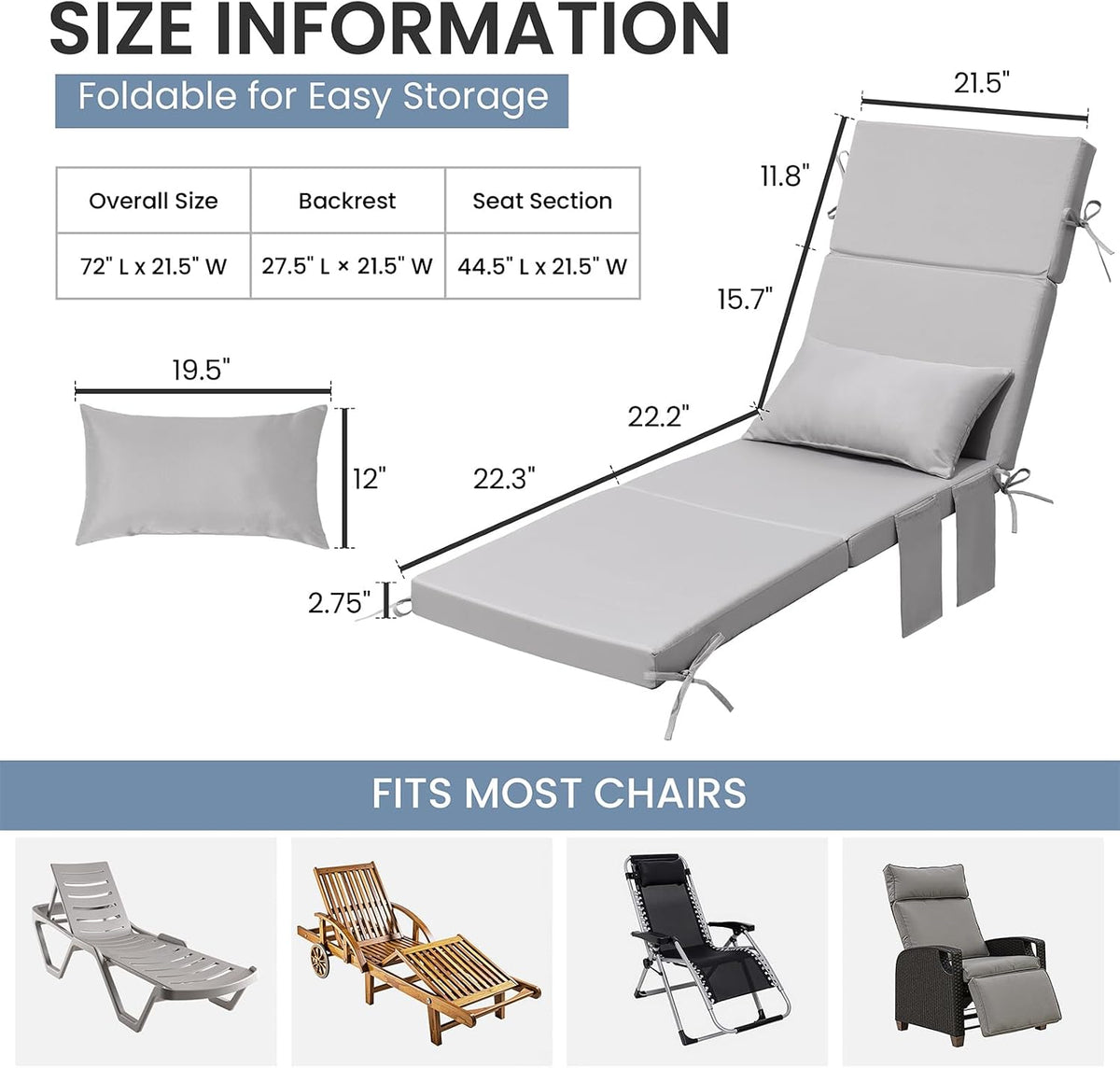 Crestlive Foldable Outdoor Lounge Chair Cushions w/Pillow&Pocket, 72"x21"