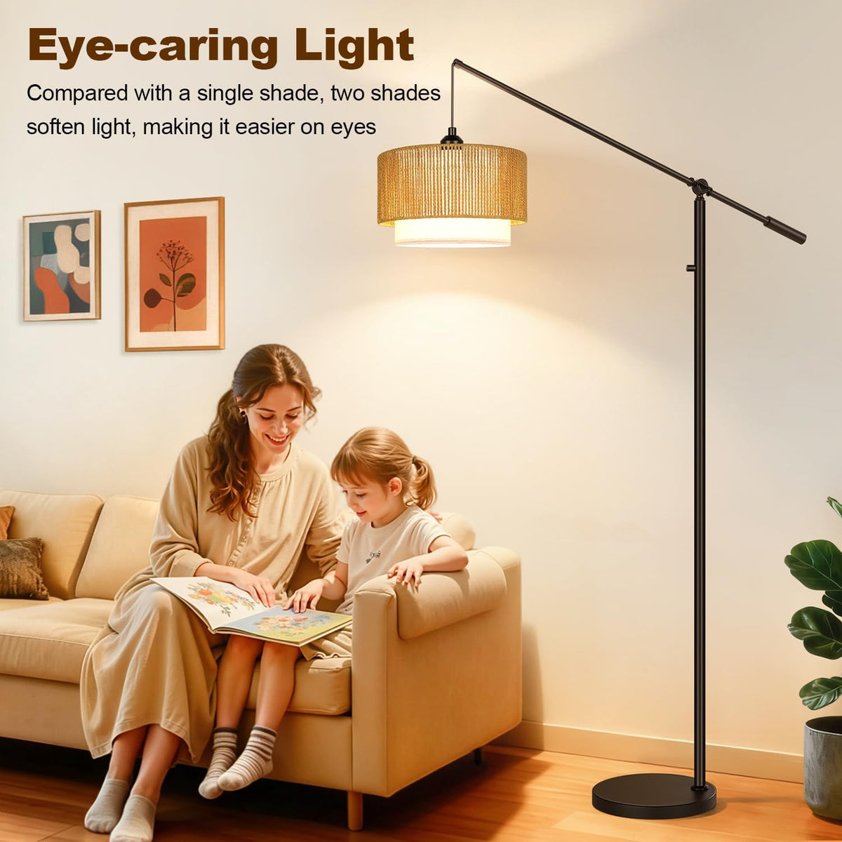 【Upgraded】Boho Dimmable Floor Lamps with Adjustable Swing Arm, 1100 Lumens Bulb Included, Modern Standing Lamp with Rattan & Fabric Shades, Farmhouse Tall Arc Floor Lamp for Living Room Bedroom, Black