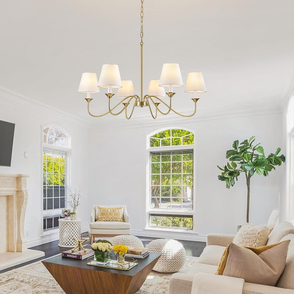 6 Lights Modern Brass Gold Chandeliers for Dining Room, Farmhouse Chandelier 35.8" Hanging Light Fixture, Adjustable Pendant Lights with White Fabric Shade for Kitchen Living Room Bedroom