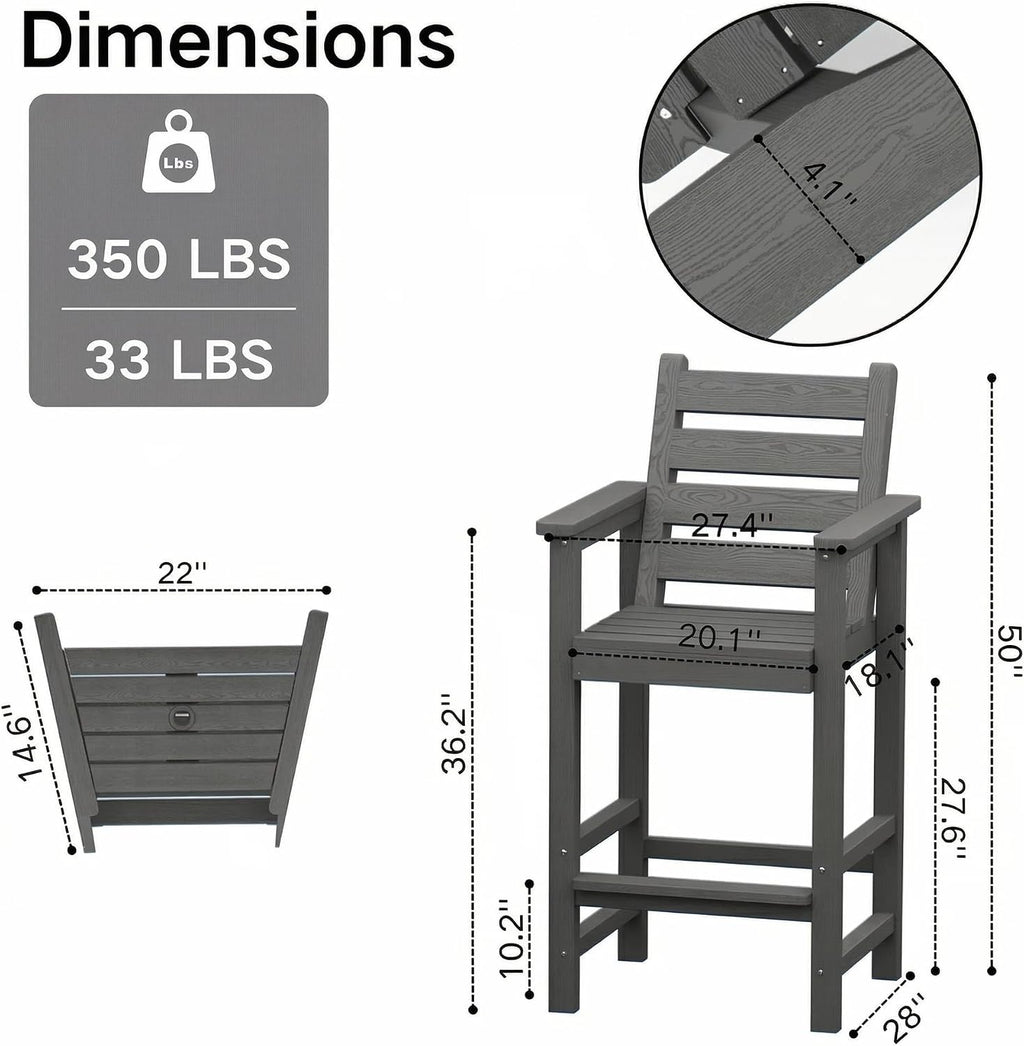 GLANC Tall Adirondack Chairs Set of 2, All Weather HDPE Bar Height Balcony Adirondack Chair with Removable Connecting Trays, Outdoor Adirondack Barstools for Deck Patio Pool Lawn, Black
