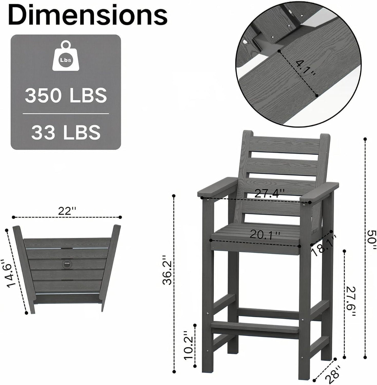 GLANC Tall Adirondack Chairs Set of 2, All Weather HDPE Bar Height Balcony Adirondack Chair with Removable Connecting Trays, Outdoor Adirondack Barstools for Deck Patio Pool Lawn, Black