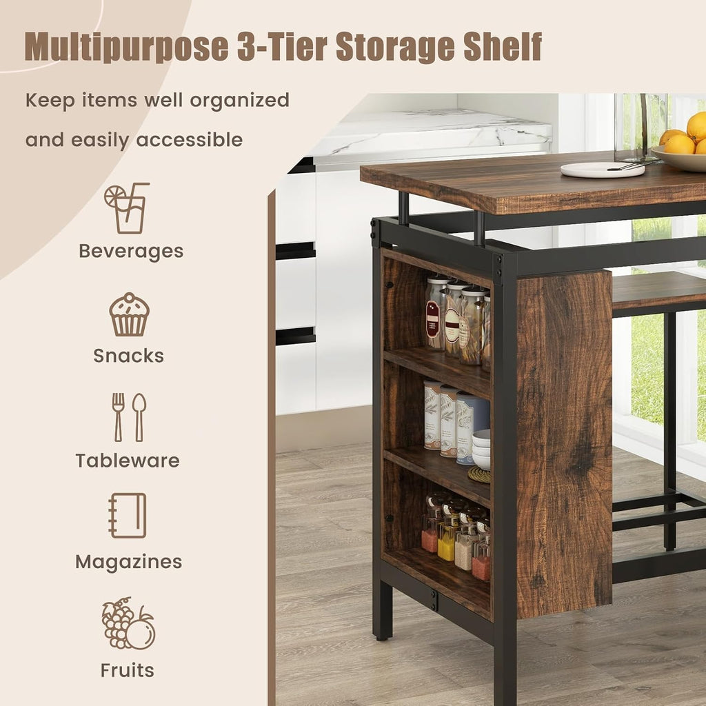 GIANTEX 3-Piece Dining Table Set - Counter Height Dining Table Set with 2 Bar Stools, 3-Tier Storage Shelf, Space-Saving Breakfast Nook Table Set for Small Places, Kitchen Table Chairs Set for 2