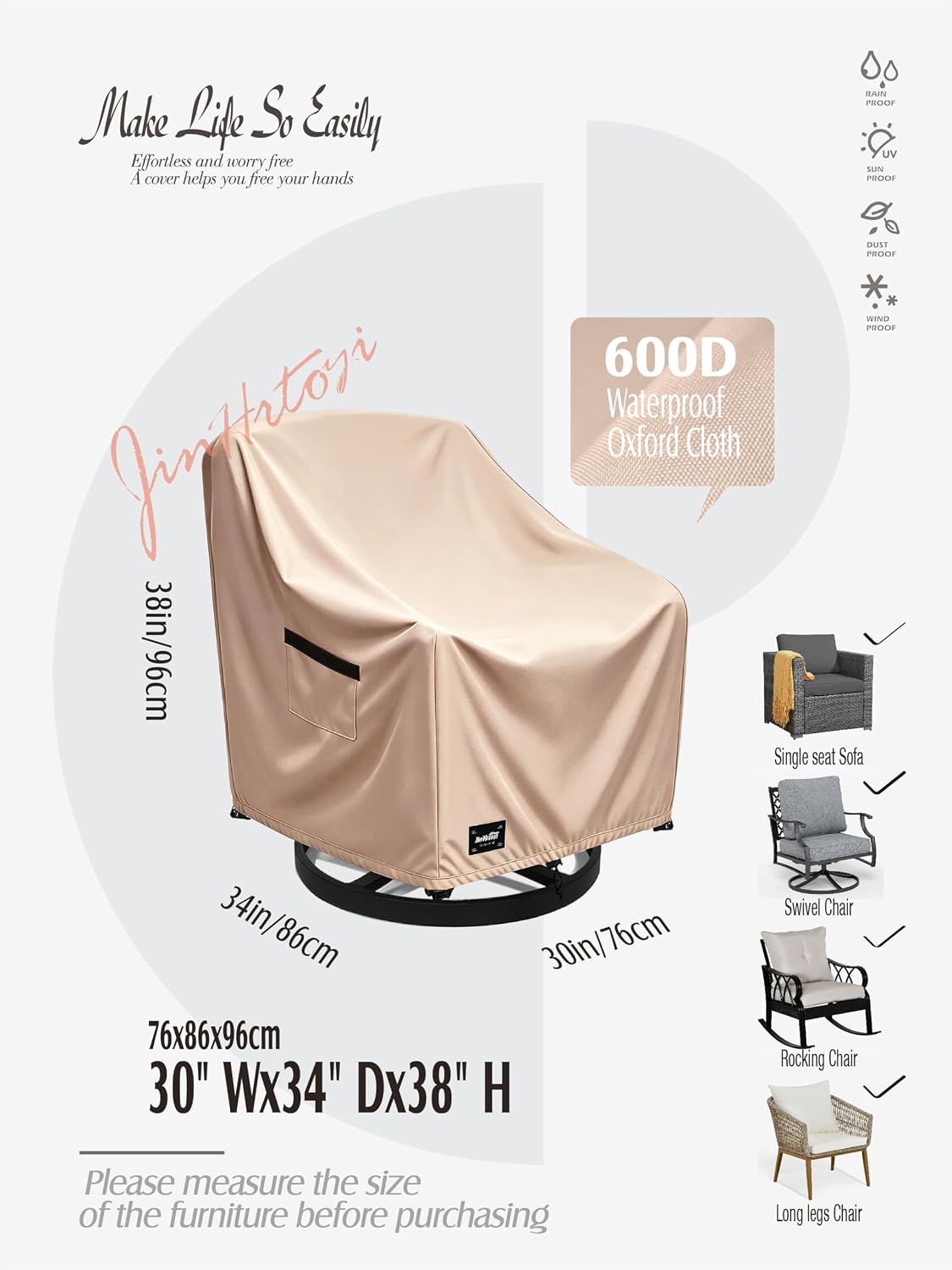 JinHrtoyi Outdoor Chair Covers 2 Pack,30Wx34Dx38H inches Patio Chair Cover,100% Waterproof Heavy Duty Outdoor Furniture Covers Waterproof,Light Brown Minimalism Style Patio Furniture Cover