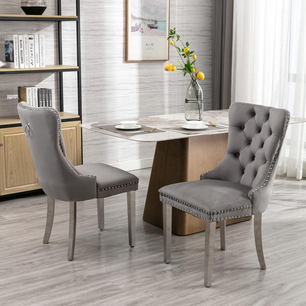 SSLine Modern 5-Piece Silver Glass Dining Table Set for 4, 51" Long Rectangle Glass Kitchen Table with 4 Grey Tufted Chairs for Kitchen Home Office