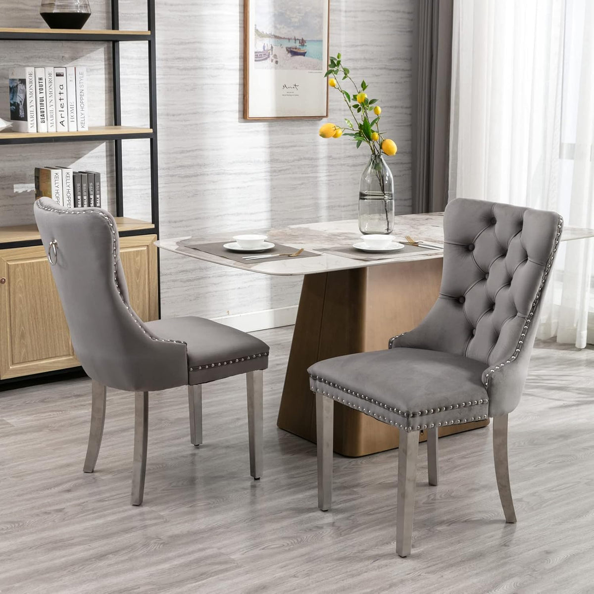 SSLine Modern 5-Piece Silver Glass Dining Table Set for 4, 51" Long Rectangle Glass Kitchen Table with 4 Grey Tufted Chairs for Kitchen Home Office