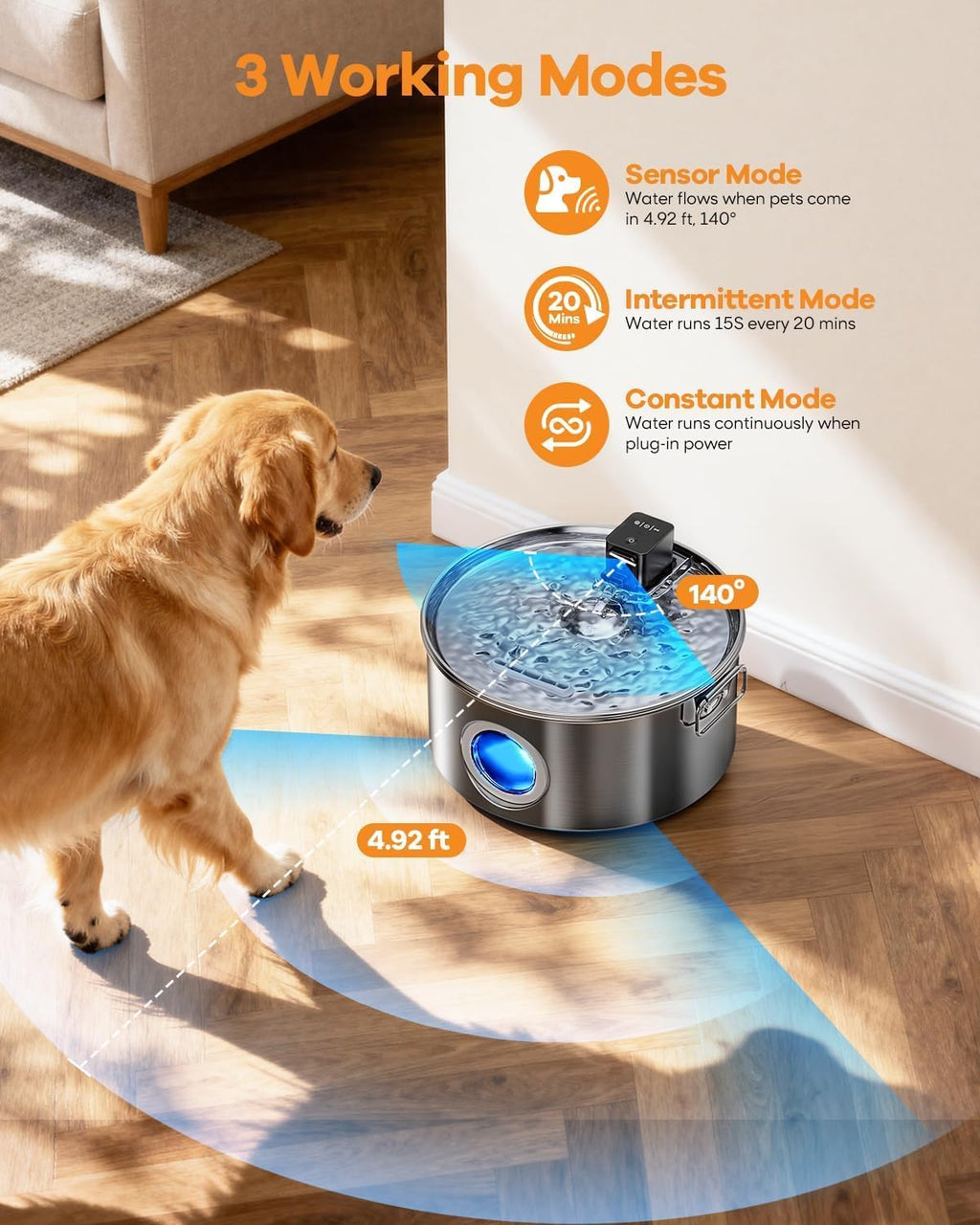 3.4G Wireless Dog Water Fountain Stainless Steel for Large Dogs Inside