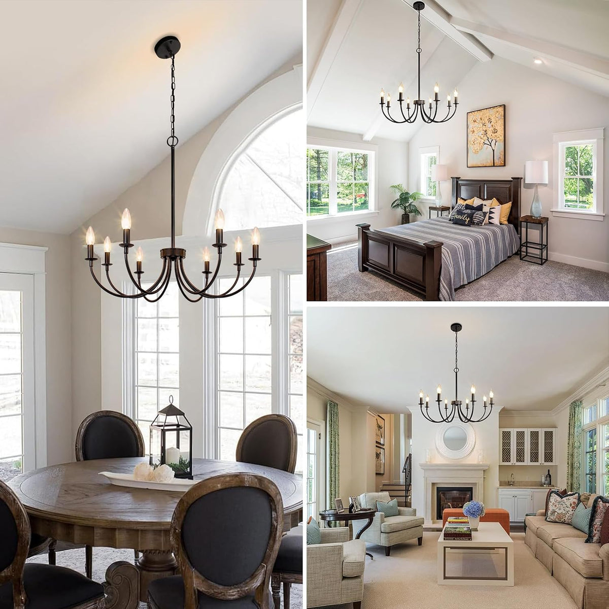 8 light black farmhouse chandelier, dining room light, side view