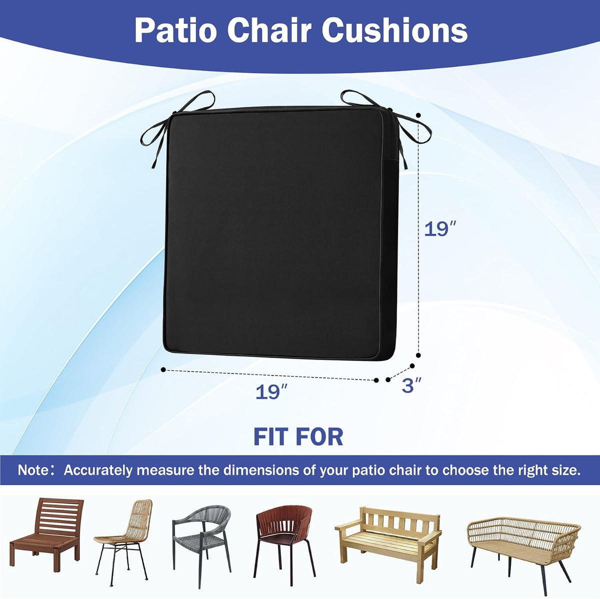 IASEAHK Patio Chair Cushions, 19" x 19" x 3" Outdoor Chair Cushions Set of 4, Waterproof Outdoor Cushions for Patio Furniture, Outdoors Seat Cushions with Handle and Ties, Black