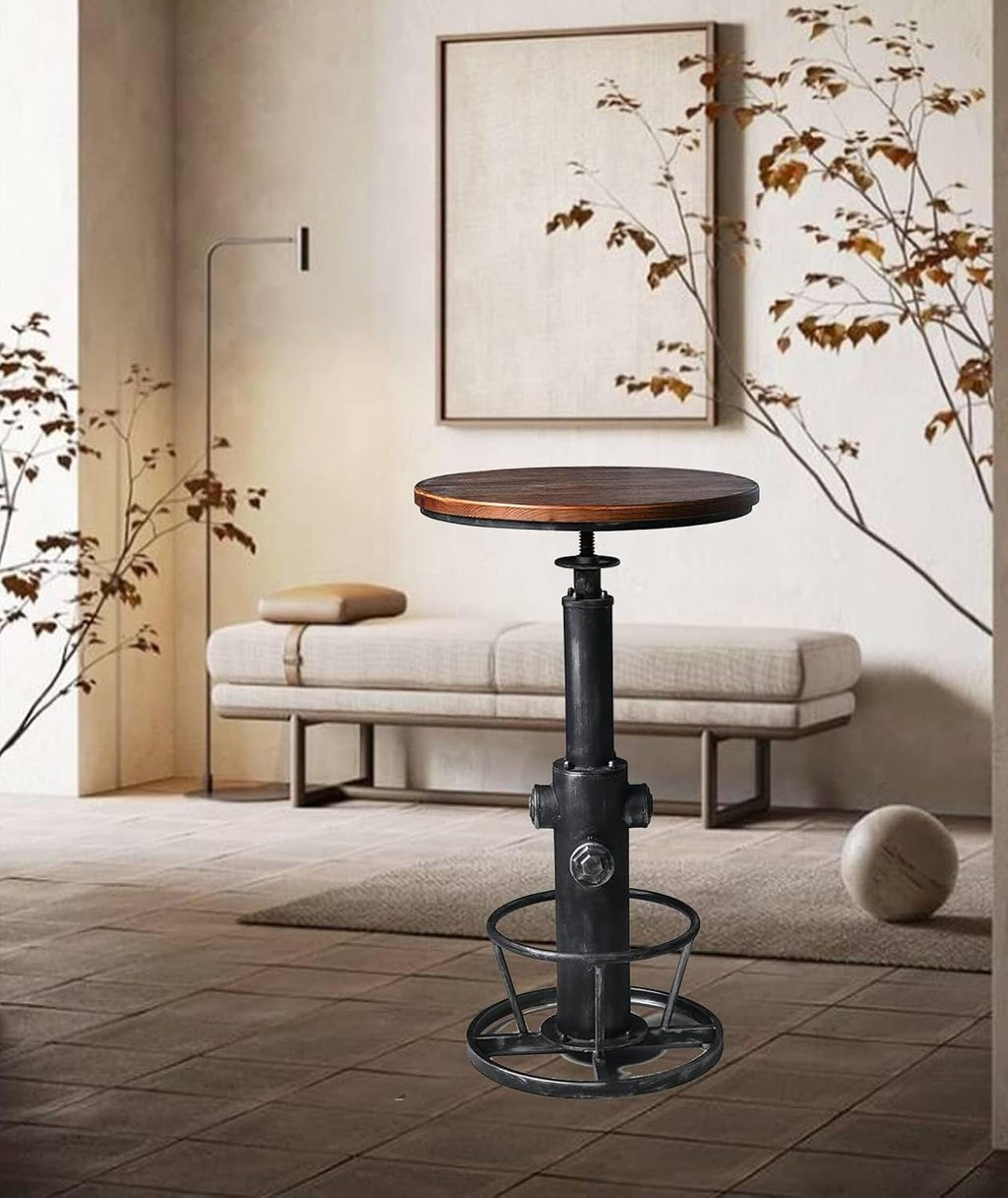 LOKKHAN Industrial Bar Table 38.6"-48.4" Height Adjustable Swivel Round Wood Tabletop 23.7" Dia, Kitchen Dining Office Coffee Bistro Pub Table