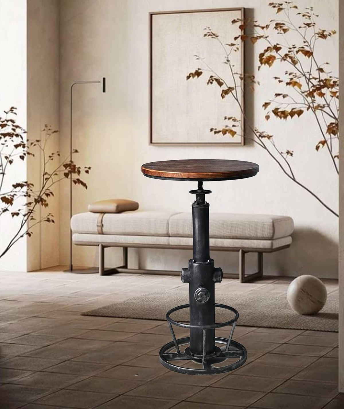 LOKKHAN Industrial Bar Table 38.6"-48.4" Height Adjustable Swivel Round Wood Tabletop 23.7" Dia, Kitchen Dining Office Coffee Bistro Pub Table