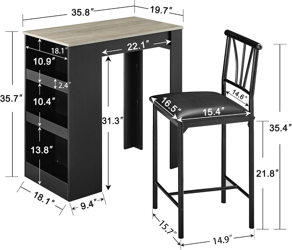 VECELO Small Bar Table and Chairs Tall Kitchen Breakfast Nook with Stools/Dining Set for 2, Storage Shelves, Space-Saving, Gray