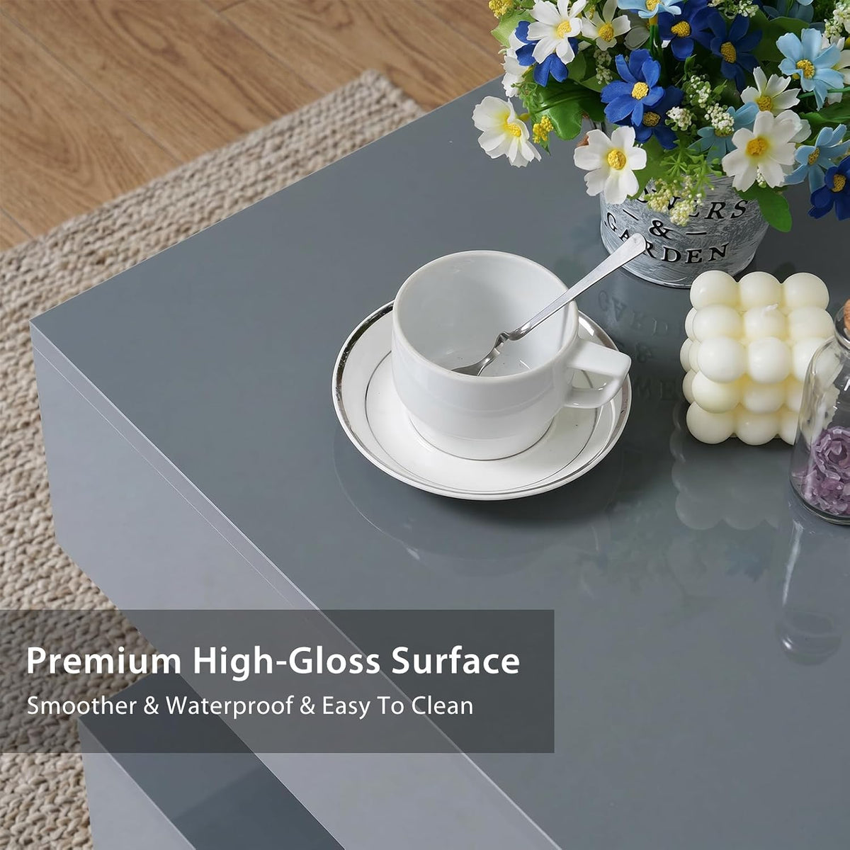 Verano Garden 47" High Gloss LED Coffee Table, Large Storage Center Table