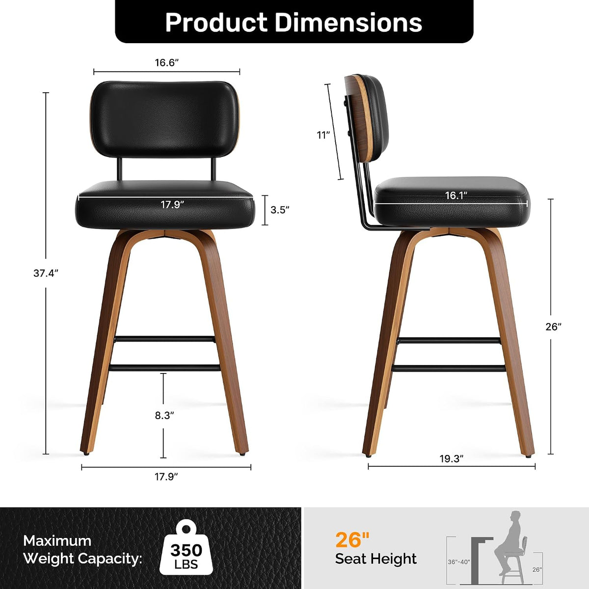Swivel Bar Stools Set of 4, 26" Upholstered Faux Leather Counter Height Barstools with Walnut Back & Bentwood Legs, Mid Century Modern Bar Chairs Island Stools for Kitchen Counter, Black
