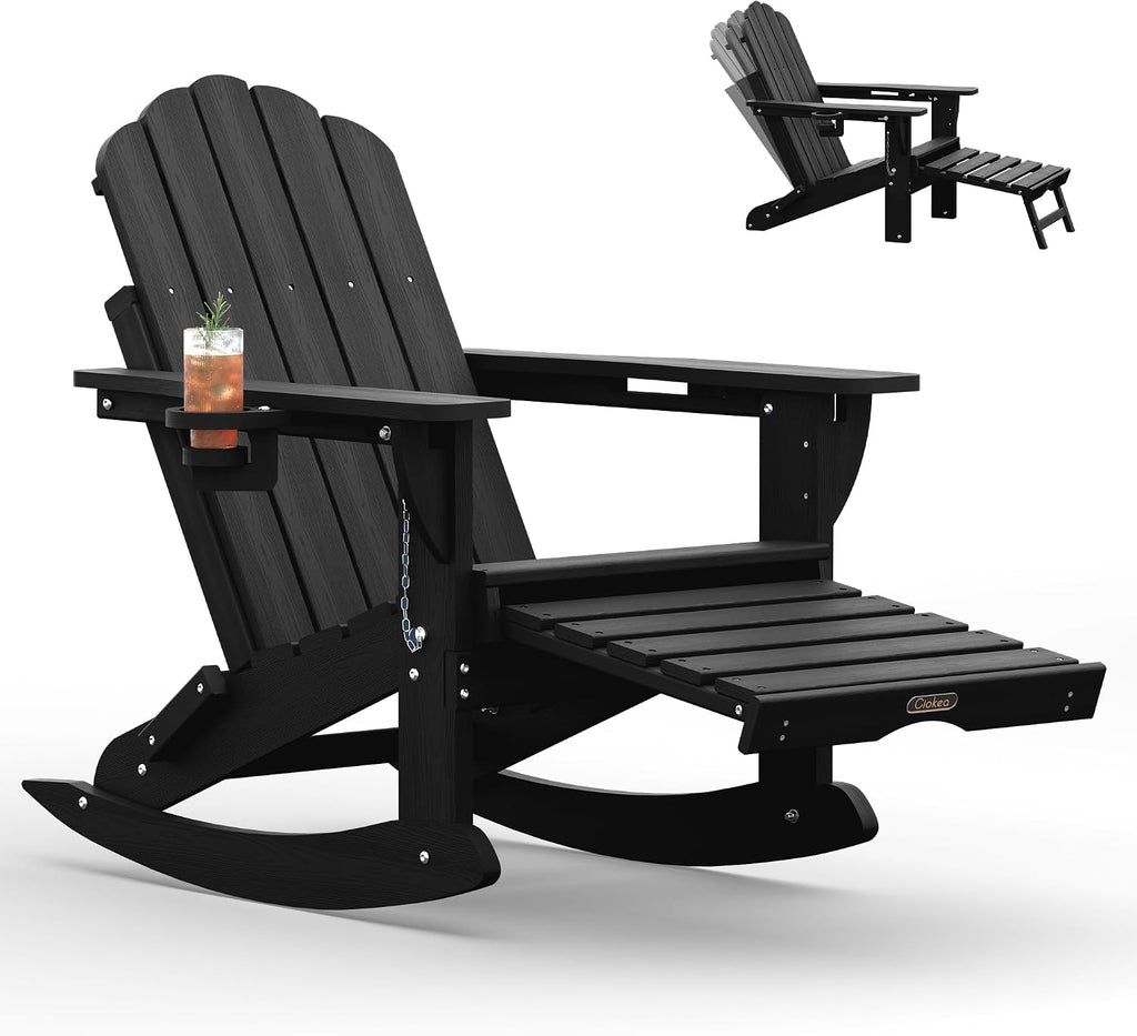 Ciokea Adirondack Rocking Chair with Footrest, Folding HDPE Rocker (Black)