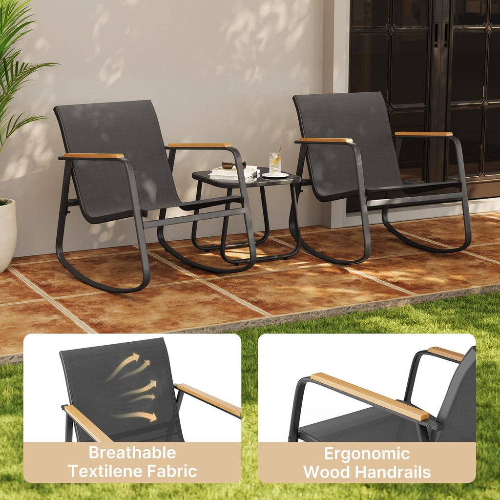 Aiho 3 Piece Rocking Bistro Set, Textilene Patio Chairs for Garden, Black