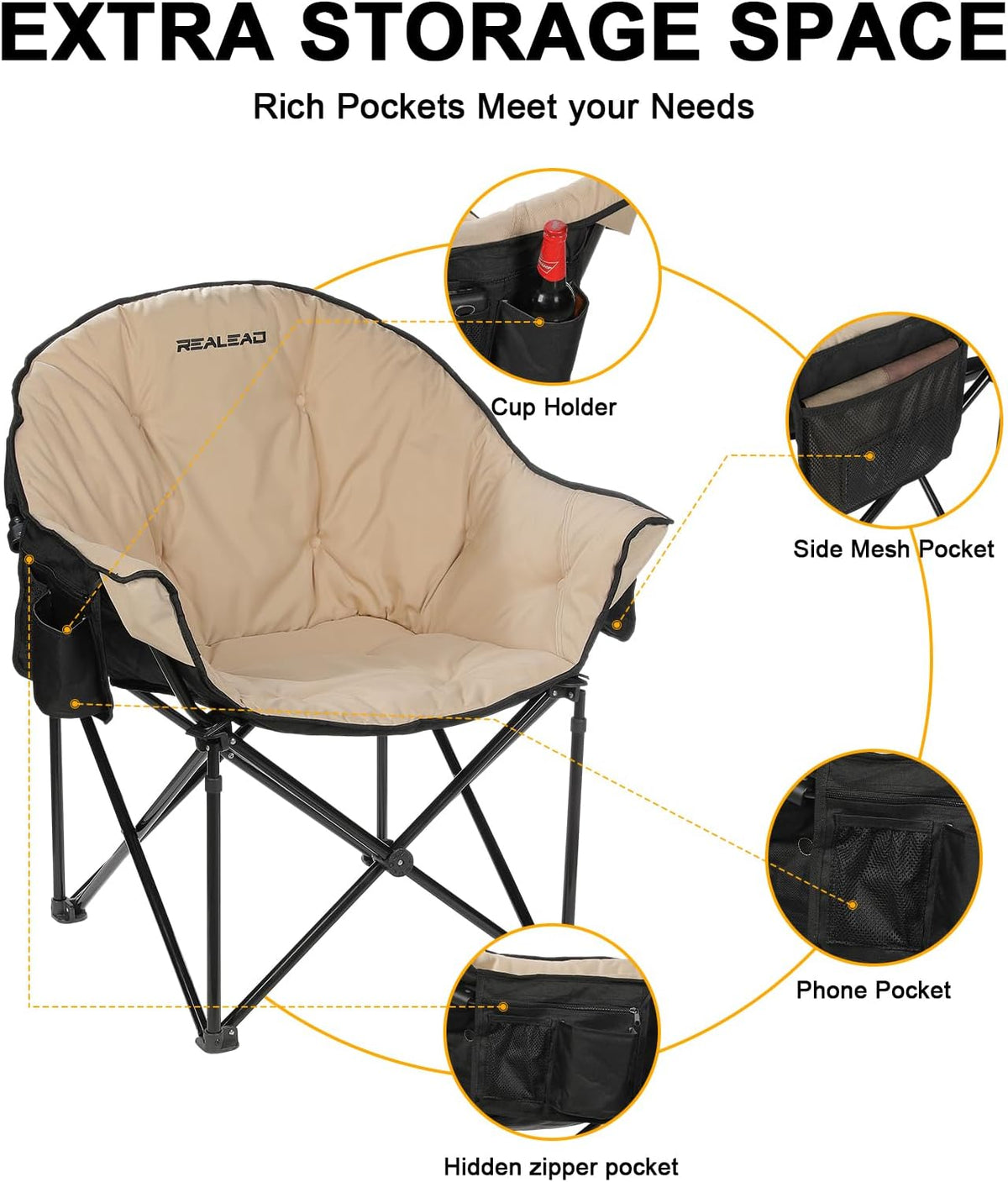 REALEAD Oversized Camping Chairs Padded Heavy Duty Folding Support 400LBS