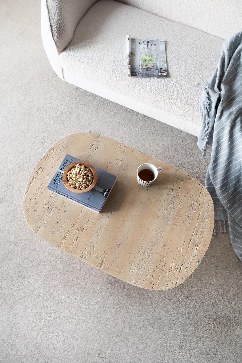 WILLIAMSPACE 36" Oval Coffee Table, Modern Faux Stone Circle Center Table Accent Travertine Tea Table for Living Room, Magnesium Oxide, Cream