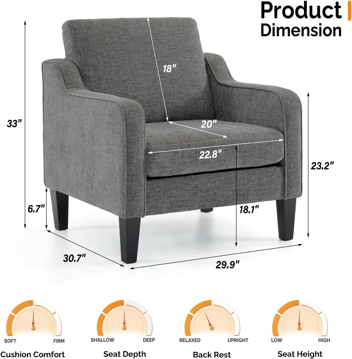 VINGLI Light Grey Accent Chair, Chenille Fabric Armchair for Living Room
