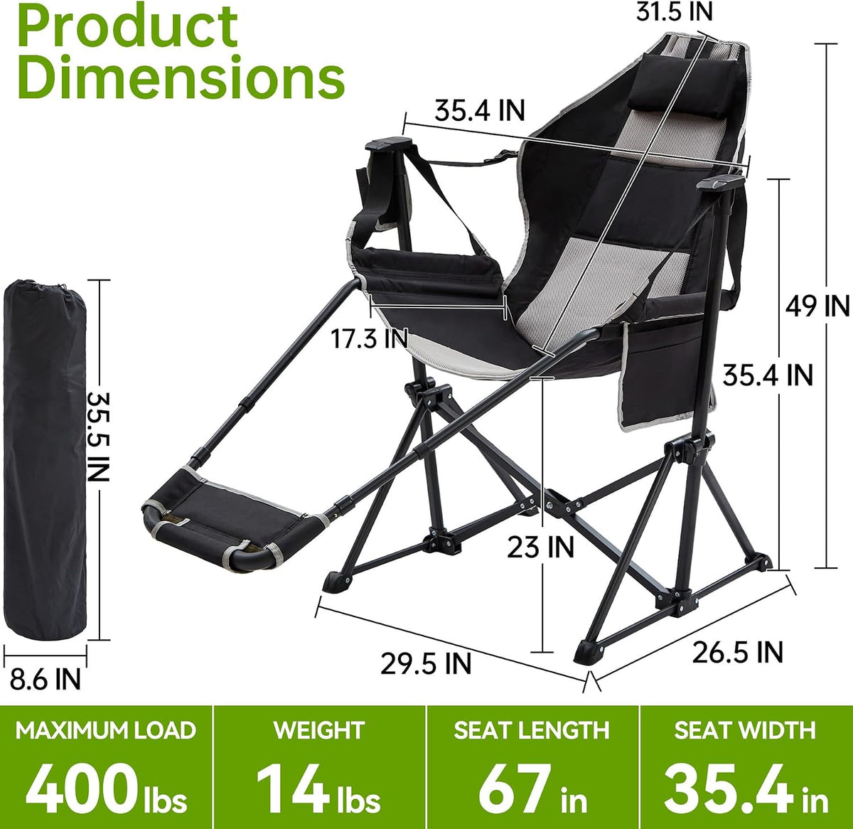 Hammock Swinging Rocking Camping Chairs with Footrest for Adults up to 400lbs,Folding Portable Chair with Cup Holder and Pillow,Heavy Duty Chair for Beach,RV Travel,Hiking