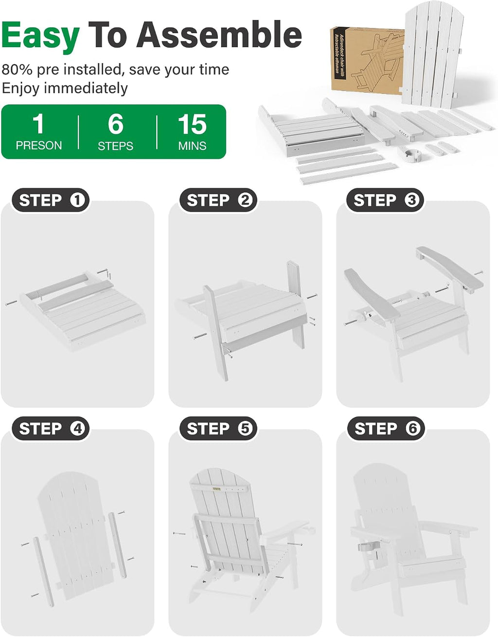 YEFU Adjustable Adirondack Chair with Footrest,All-Weather, Set of 2,White