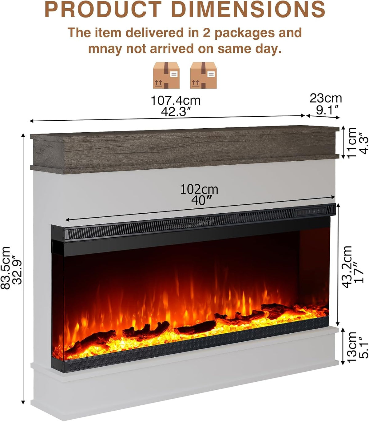 3-Sided View Electric Fireplace Insert - Minimalist Mantel - 12 Color Flame Effect - 1500/750 Watt Heater - Remote Control - Log & Crystals(40", White)