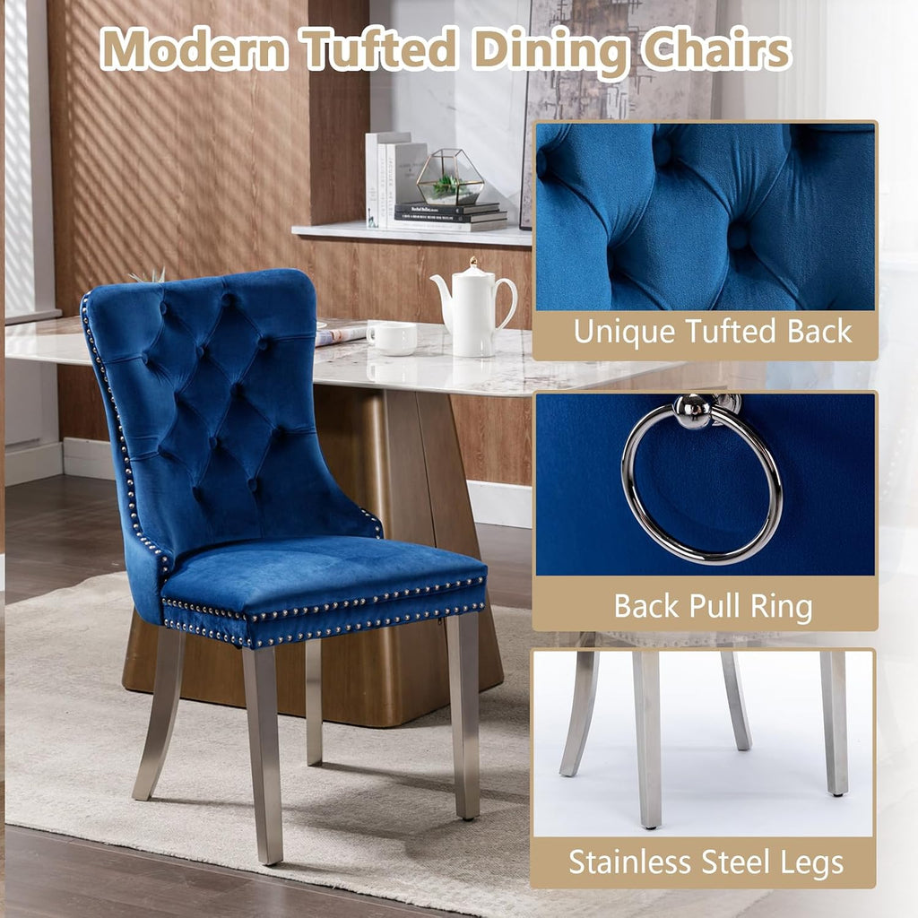 5 Piece Glass Dining Table Set Modern Glass Dining Table Set for 4, 51" Rectangular Kitchen Table and 4 Velvet Upholstered Chairs for Kitchen Dining Room, Silver Table & Blue Chair