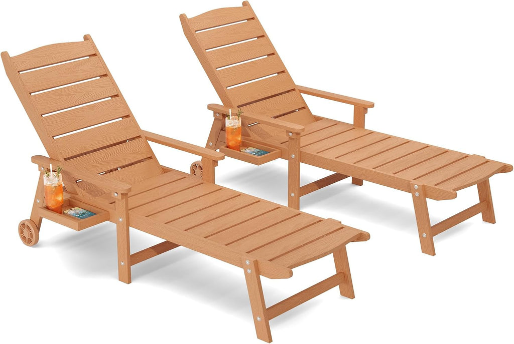 Outdoor Lounge Chairs Set of 2, 6.3ft Chaise Pool Lounger with Wheels
