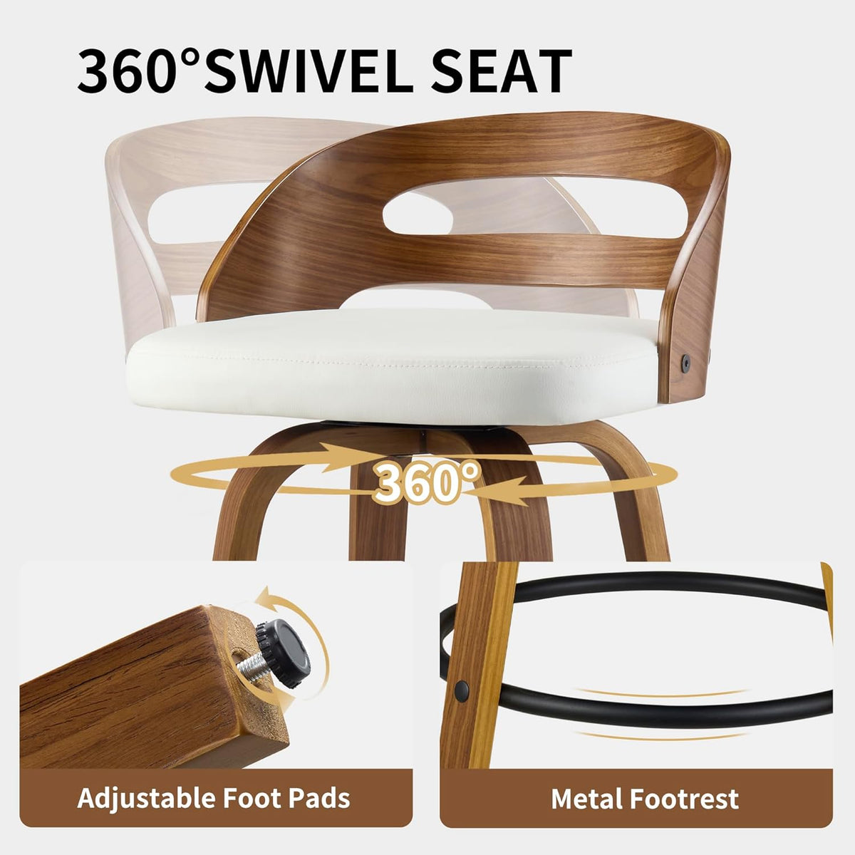 26" swivel pu leather counter height bar stools showing dimensions