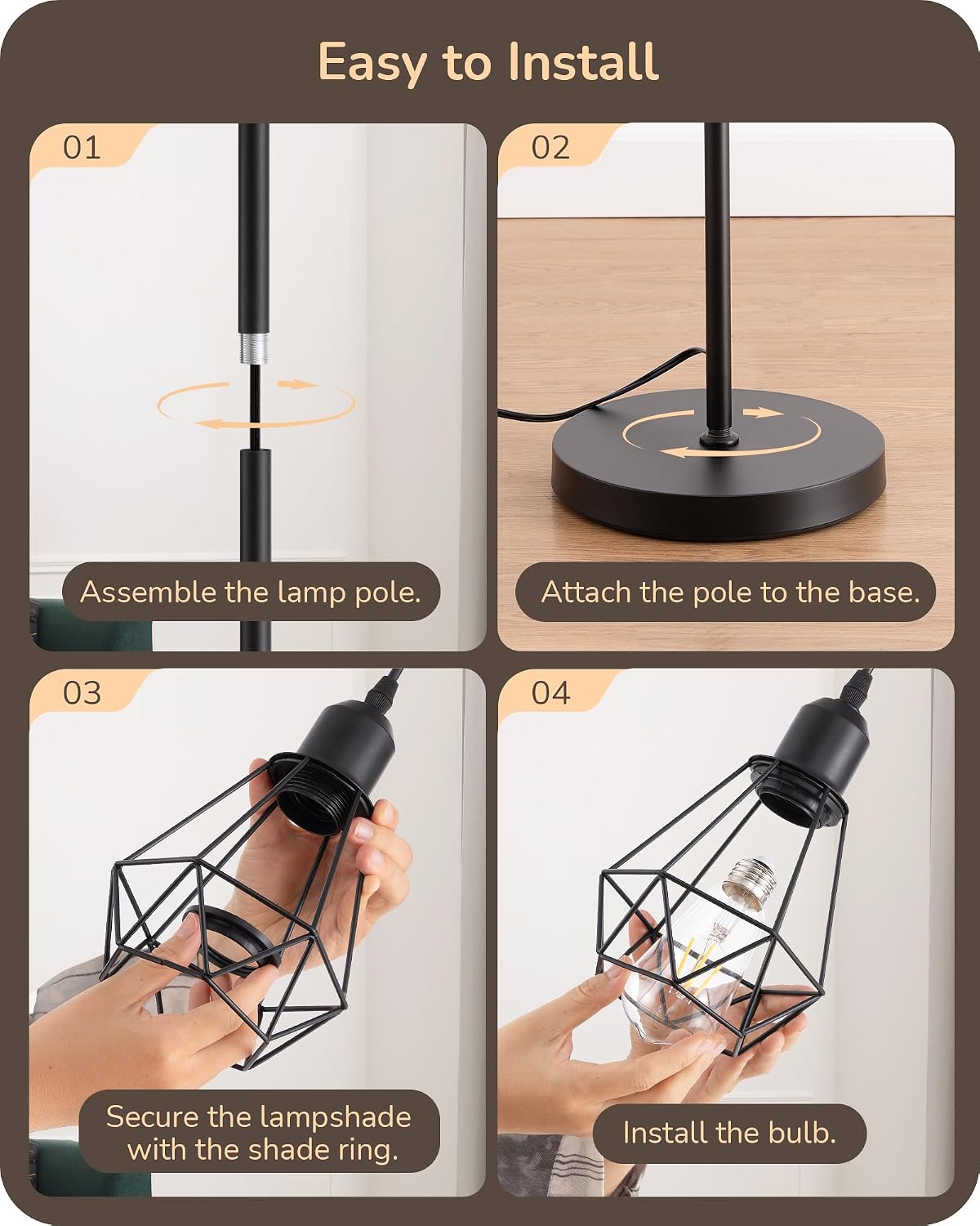 EDISHINE 70IN Farmhouse Floor Lamps for Living Room, Black Dimmable