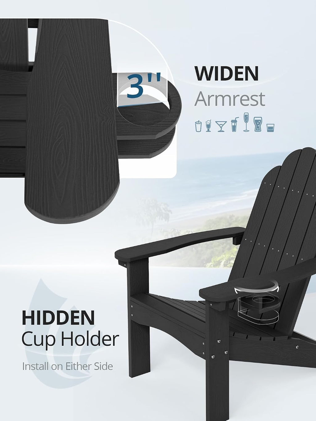 LUE BONA HDPE Adirondack Chairs Set of 4, Black Fire Pit Chairs