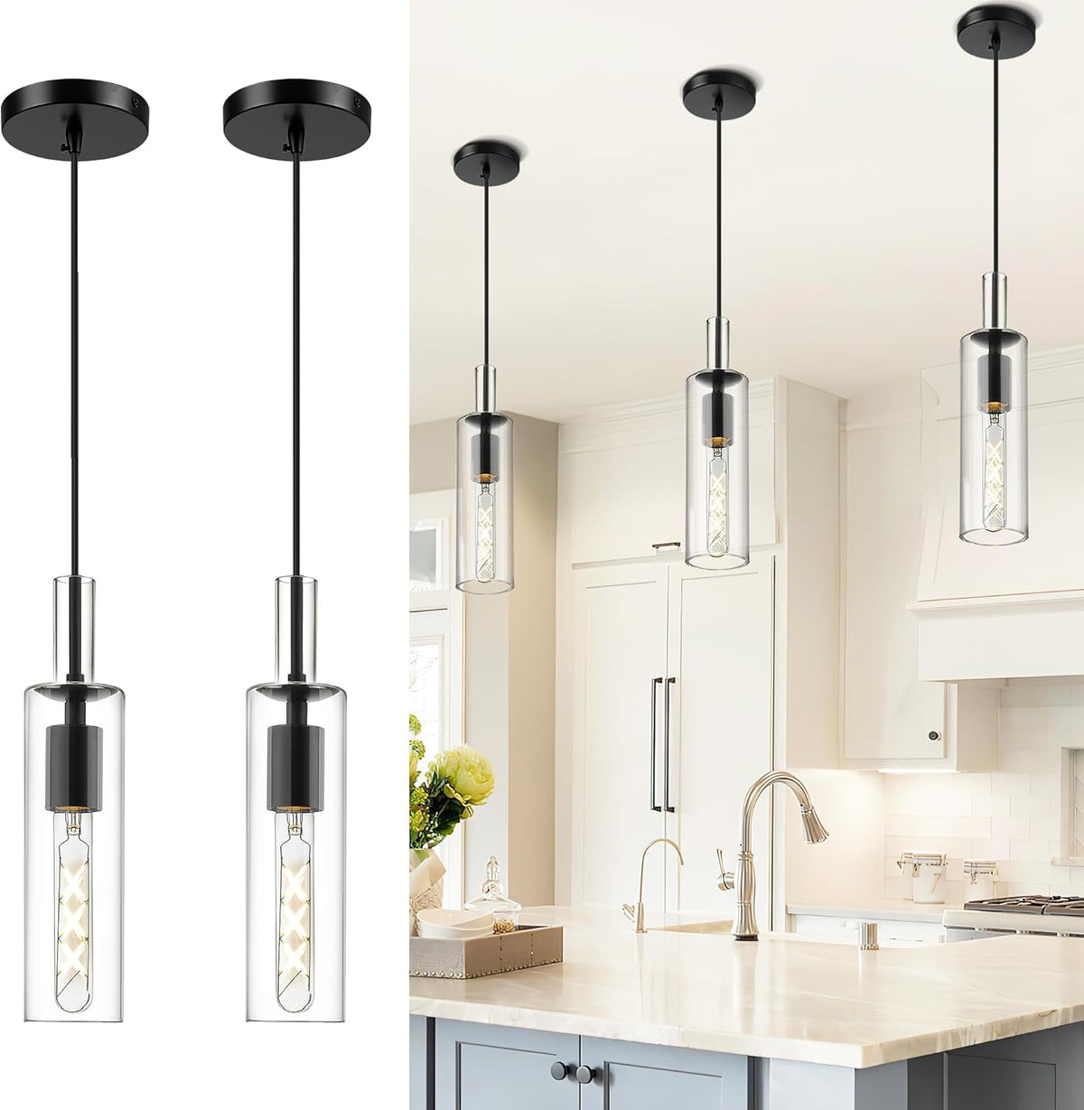AUTELO 2 Pack Matte Black Pendant Lights Kitchen Island with Clear Glass