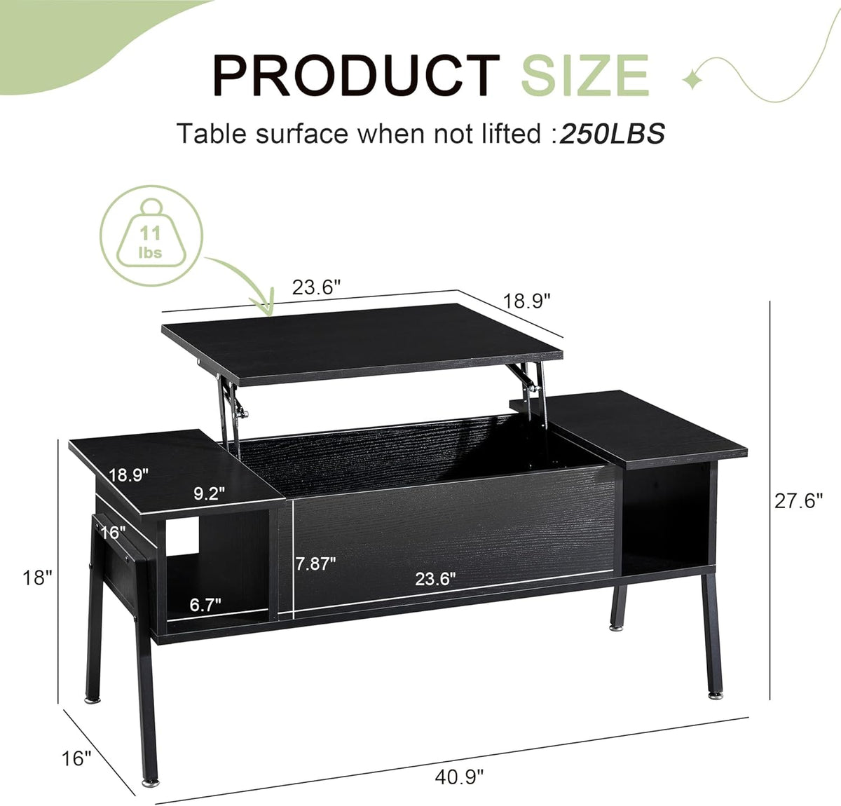 VECELO Wood Lift Top Coffee Table with Hidden Compartment and Storage Shelf for Living Room/Office Reception, Rising Tabletop, Black