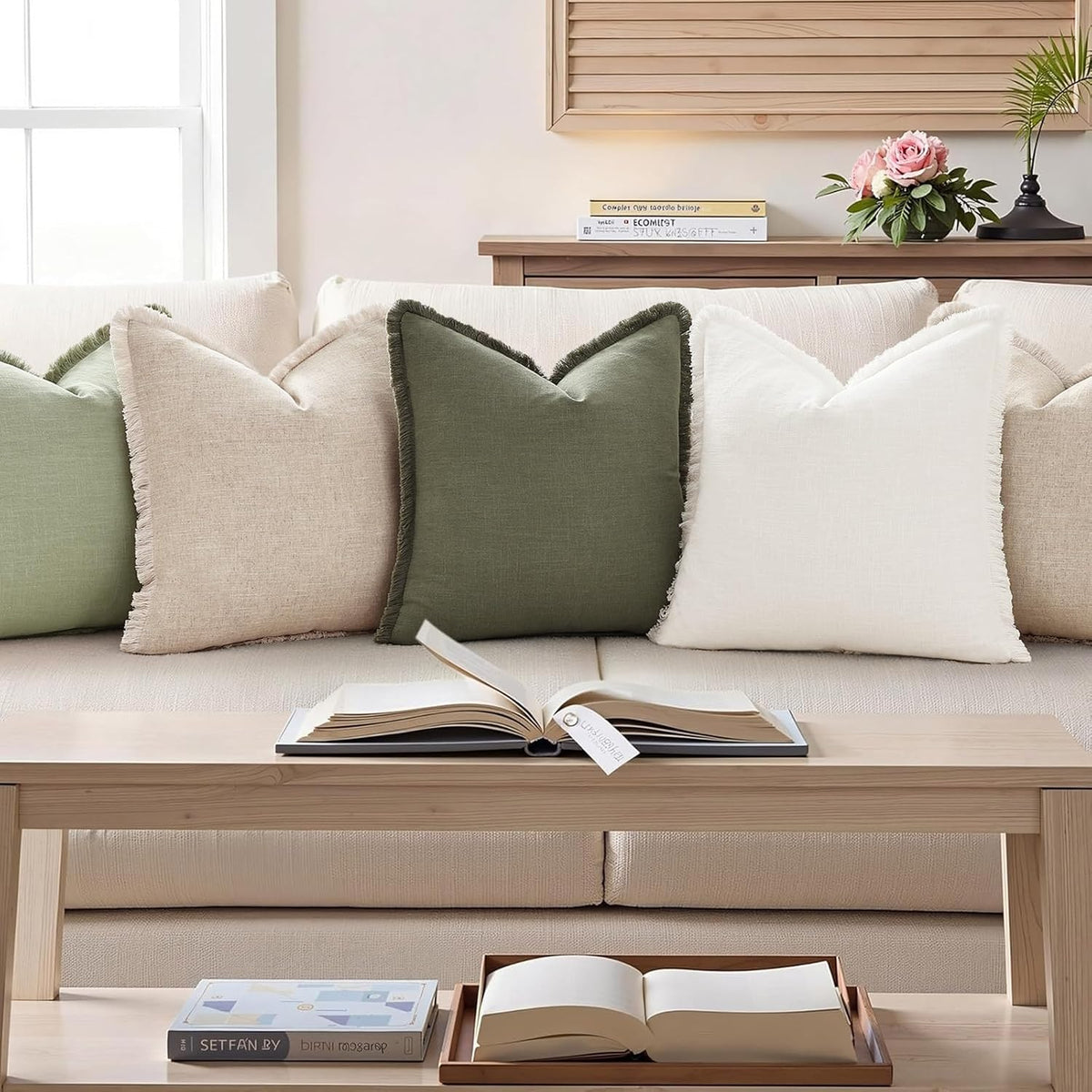 decorUhome Linen Fringe Sage Green Throw Pillow Covers 24x24 Set of 2