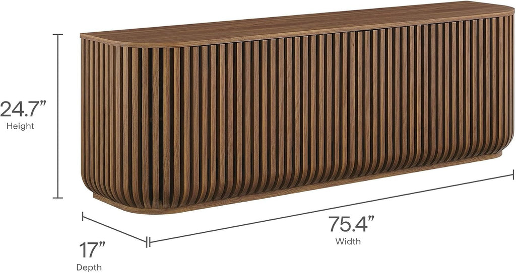 Modway Fortitude 75" Fluted Curved Sideboard Buffet with 4 Doors in Walnut – Modern Media Console TV Stand with Adjustable Shelves and Cable Management – Office Credenza Storage Cabinet