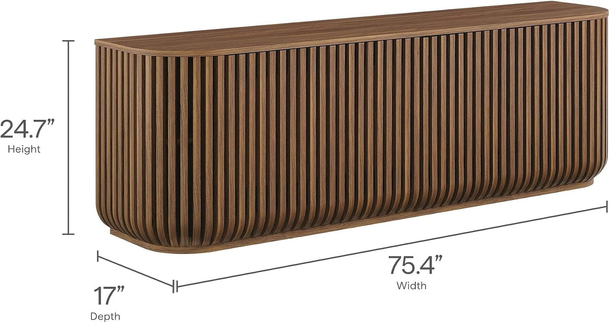 Modway Fortitude 75" Fluted Curved Sideboard Buffet with 4 Doors in Walnut – Modern Media Console TV Stand with Adjustable Shelves and Cable Management – Office Credenza Storage Cabinet