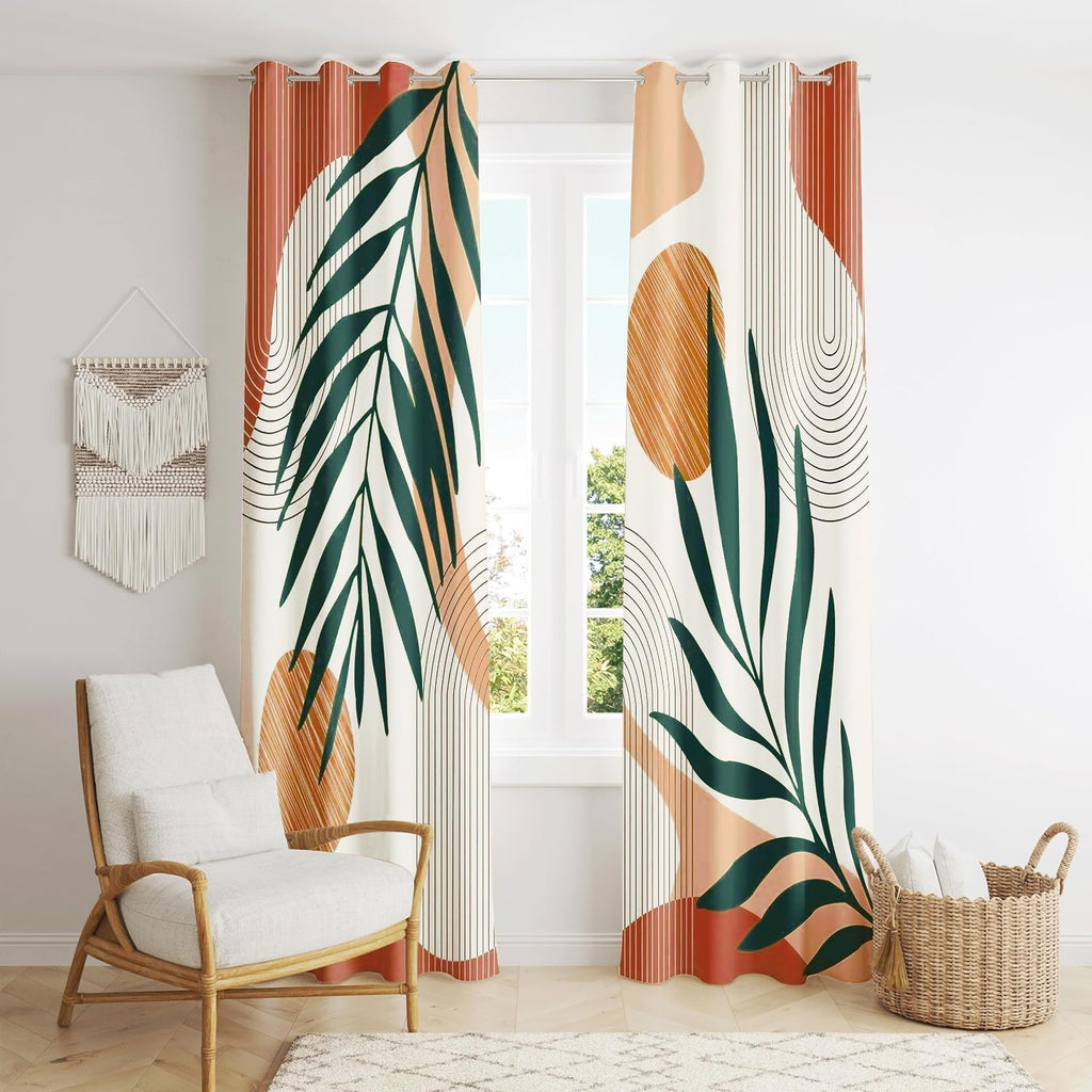 Mid Century Modern Boho Blackout Curtains, Leaf Print Drapes, 2 Panels