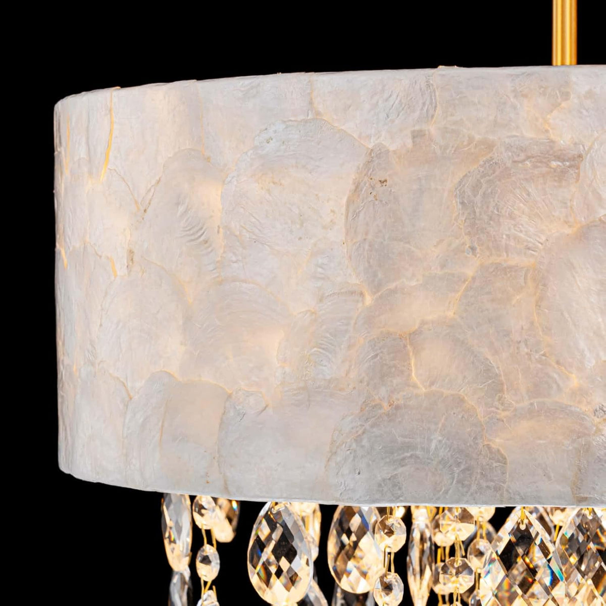 LumFurn D18in Drum Capiz Shell Crystal Chandeliers, 4-Light Coastal Style Light Fixture for Dining Room, Living Room, D18x21~68"(Adjustable), K9 Crystal, Shell Lampshade & Gold Finish