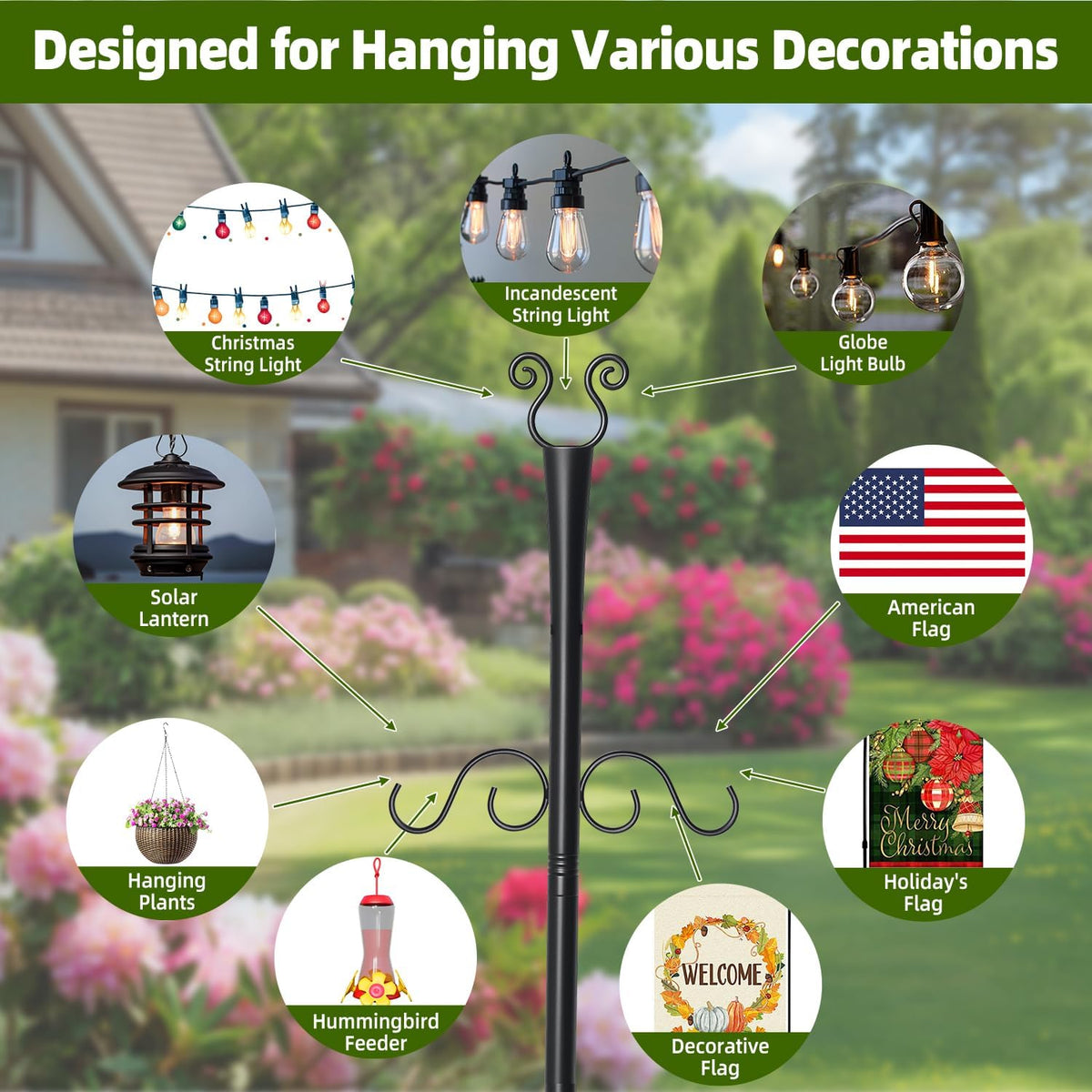 2 Pack Outdoor Patio Light Poles for String Lights, 10Ft Heavy Duty Metal String Light Poles with Shepherds Hooks for Hanging Plant & Bird Feeder, Deck Pole for Outdoor Strings Lights
