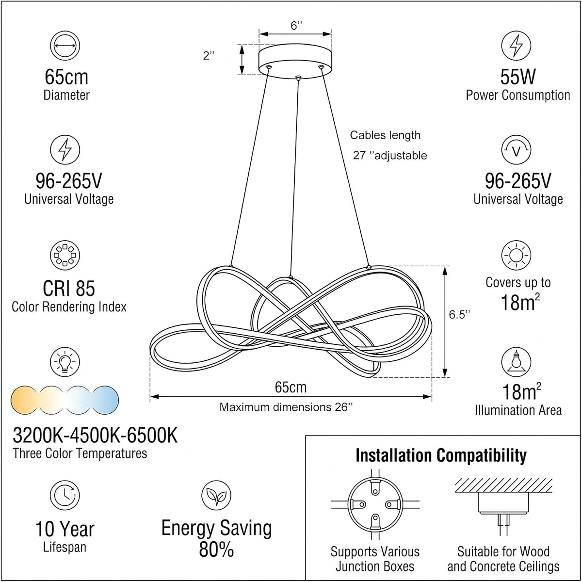 Modern LED Chandelier Chrome, 55W Dimmable 26 Inch